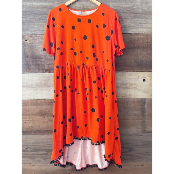 ASOS Design Orange Polka Dot Hi Low Pom Hem Dress - Picture 2 of 7